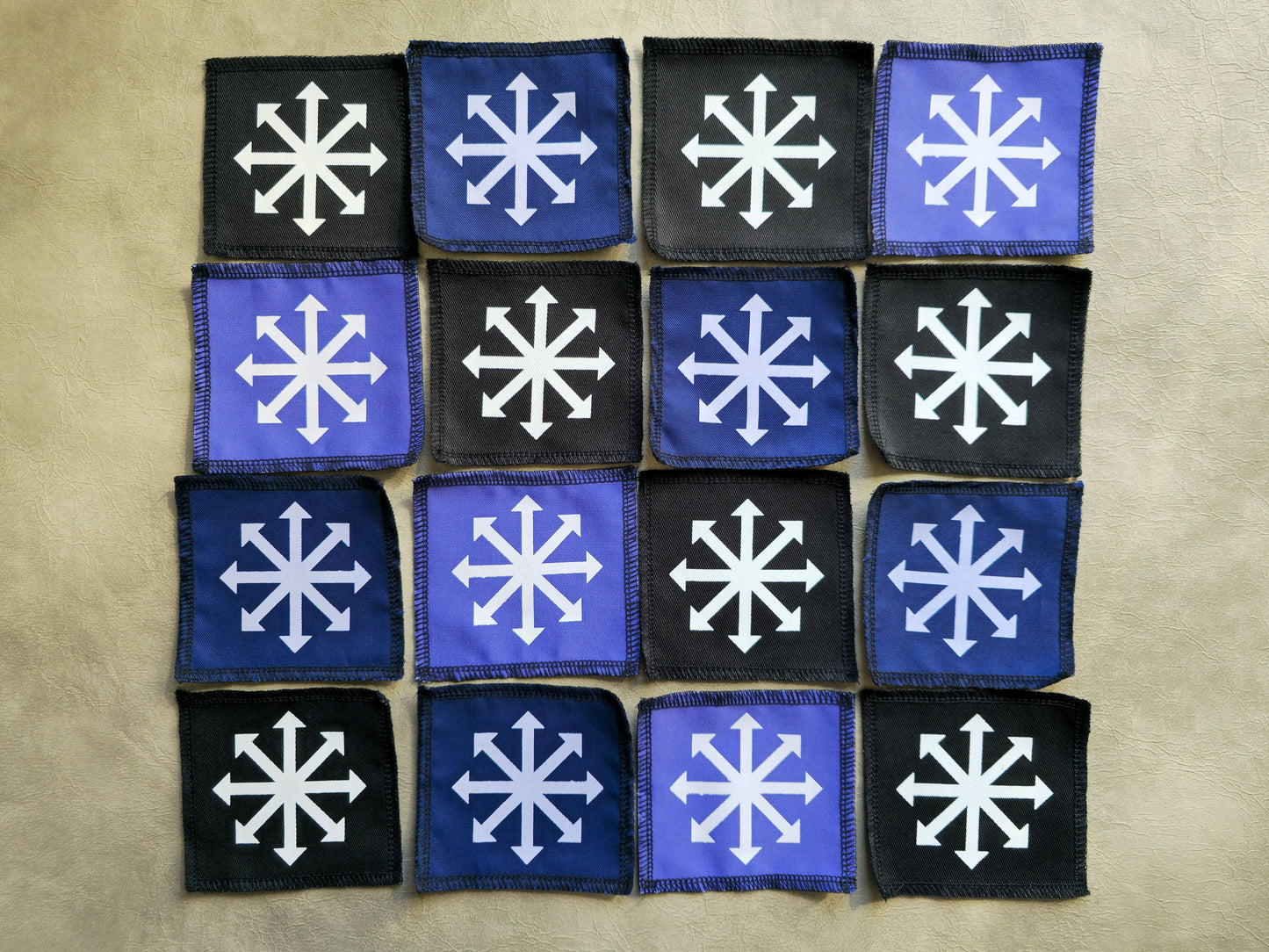 Handmade screen printed chaos symbol patch available in multiple color options