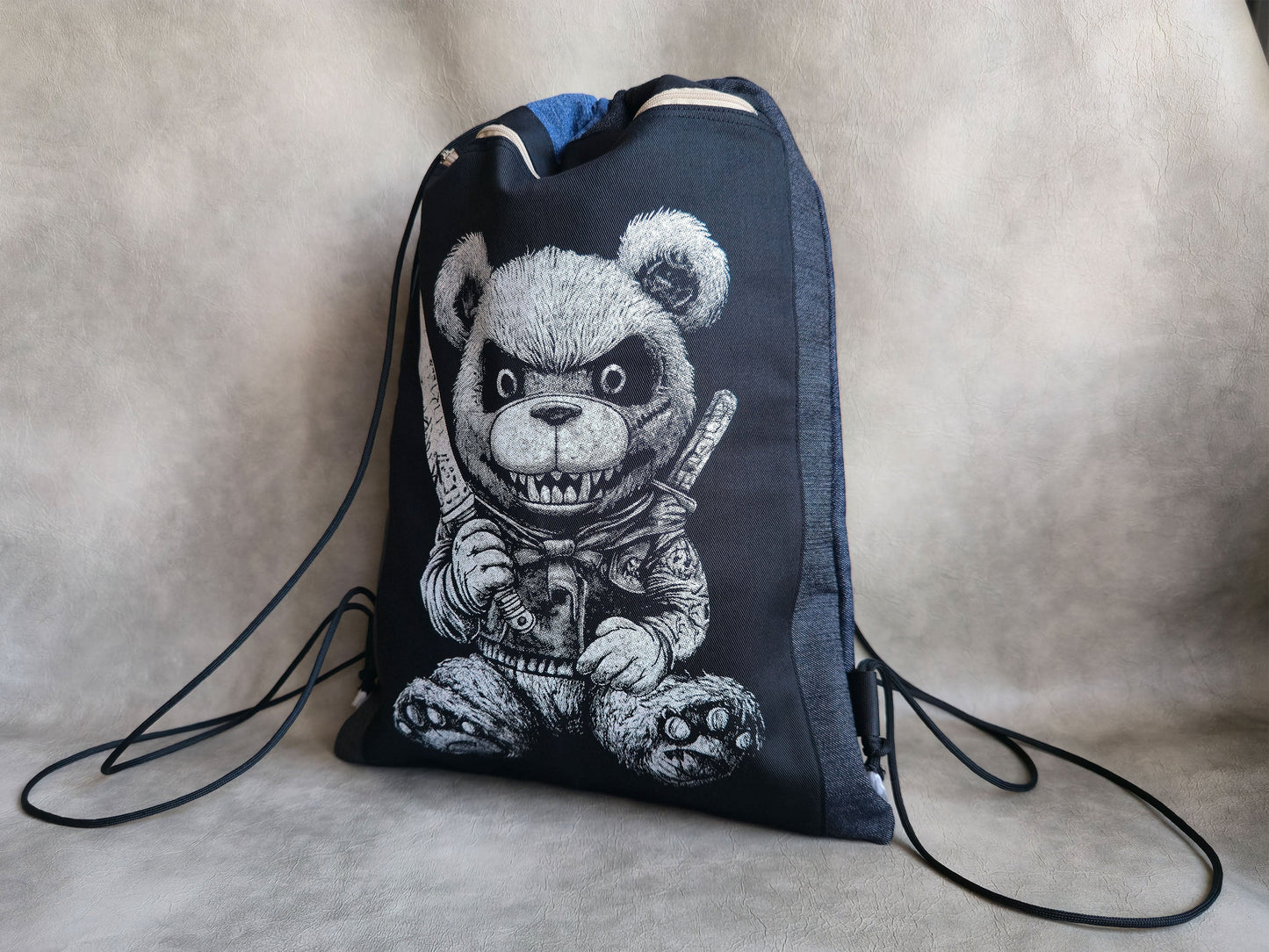Killer Teddy Bear Drawstring Backpack | Handmade Screen Printed Bag | Upcycled Denim Backpack