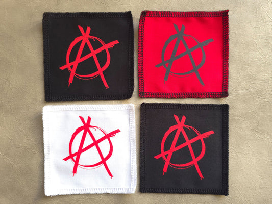 Handmade screen printed anarchy symbol patch, front view showing detailed ink design on fabric
