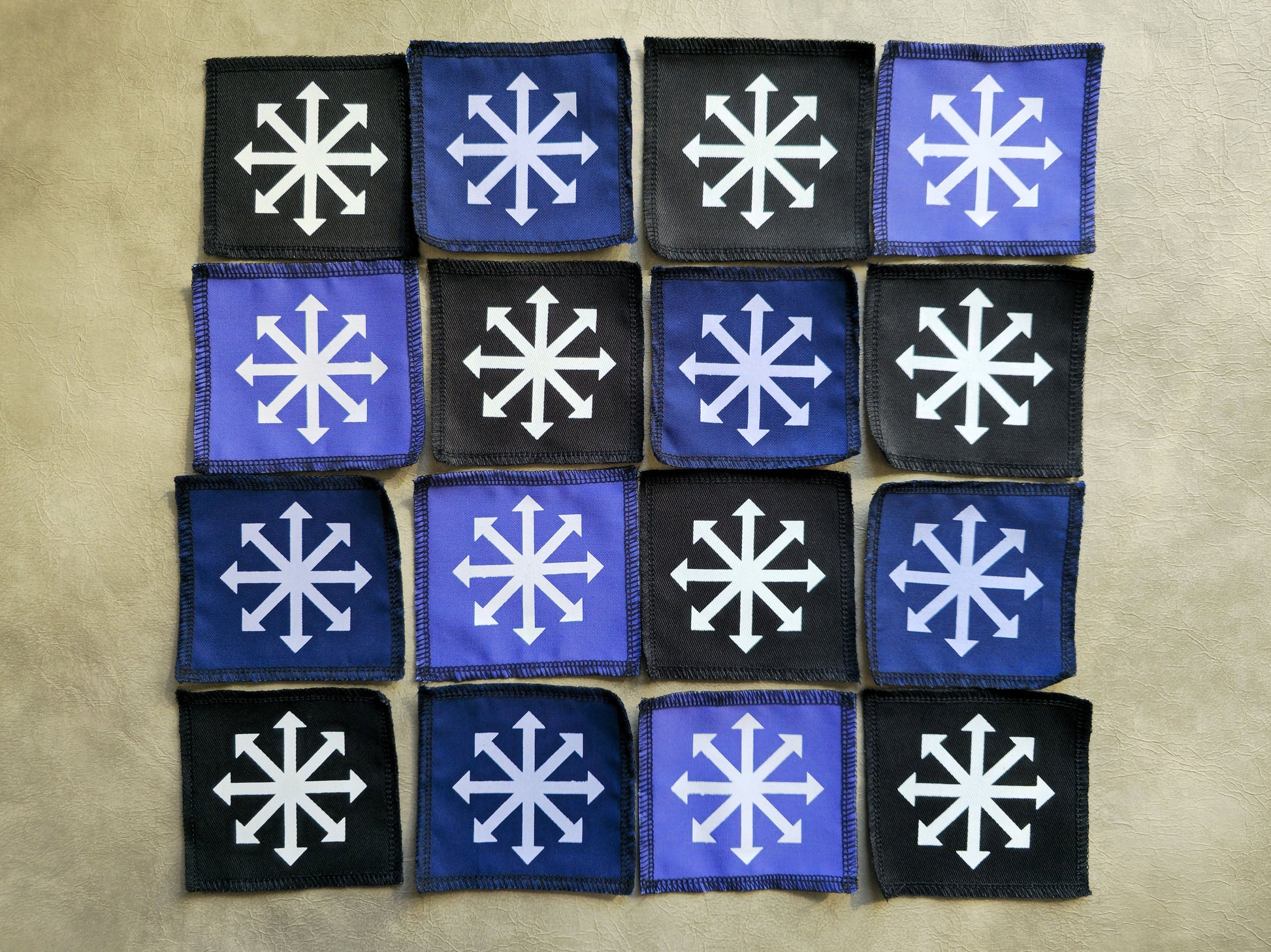 Handmade screen printed chaos symbol patch available in multiple color options