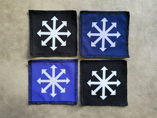 Handmade screen printed chaos symbol patch, front view showing detailed ink design on fabric