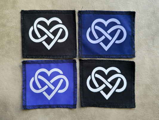 Handmade forever love symbol sew-on patch, screen printed on black, blue or violet cotton twill with stitched border