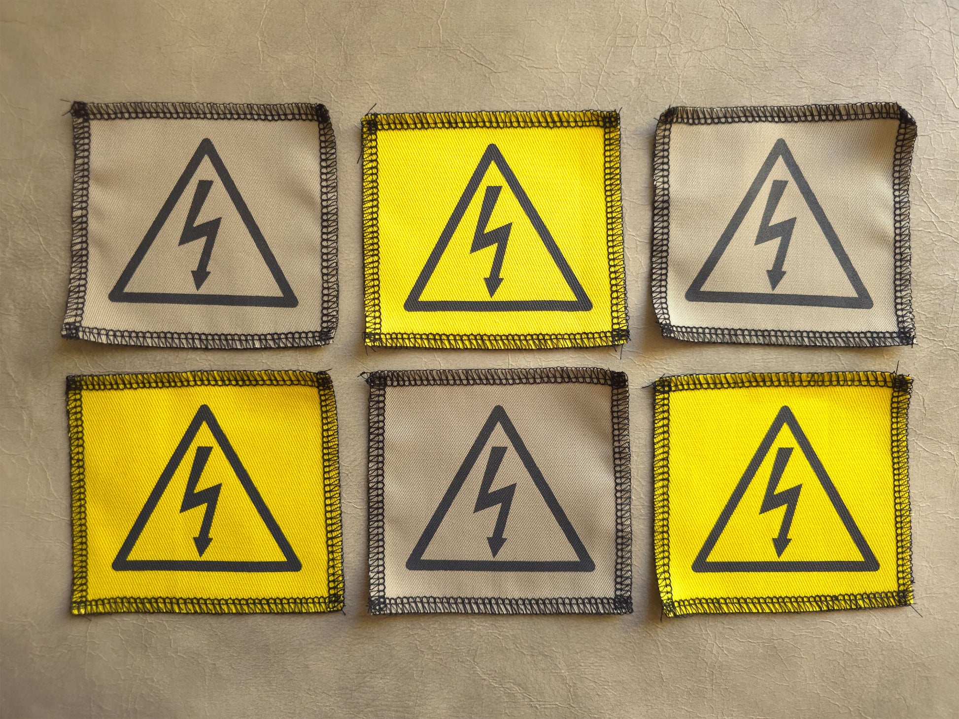 Six warning labels with electric shock symbol Handmade screen printed patch