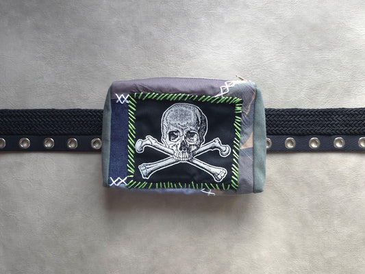 Skull Crossbone Belt Pouch | Handmade Waist Bag | Screen Printed