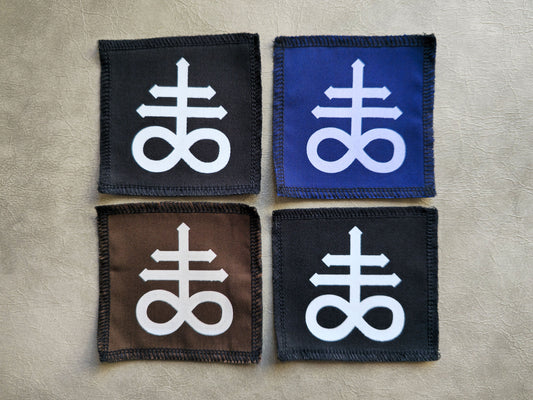Handmade screen printed leviathan symbol patch, front view showing detailed ink design on fabric