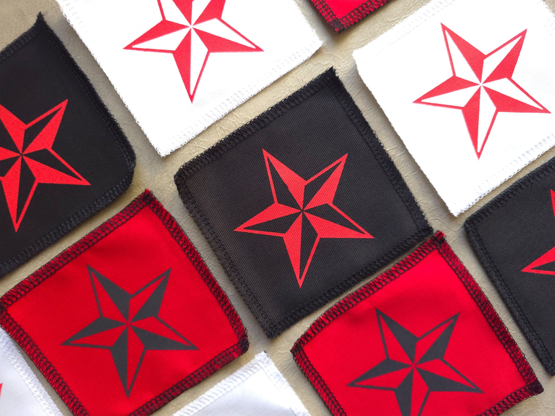 handmade screen printed Red and black star patches