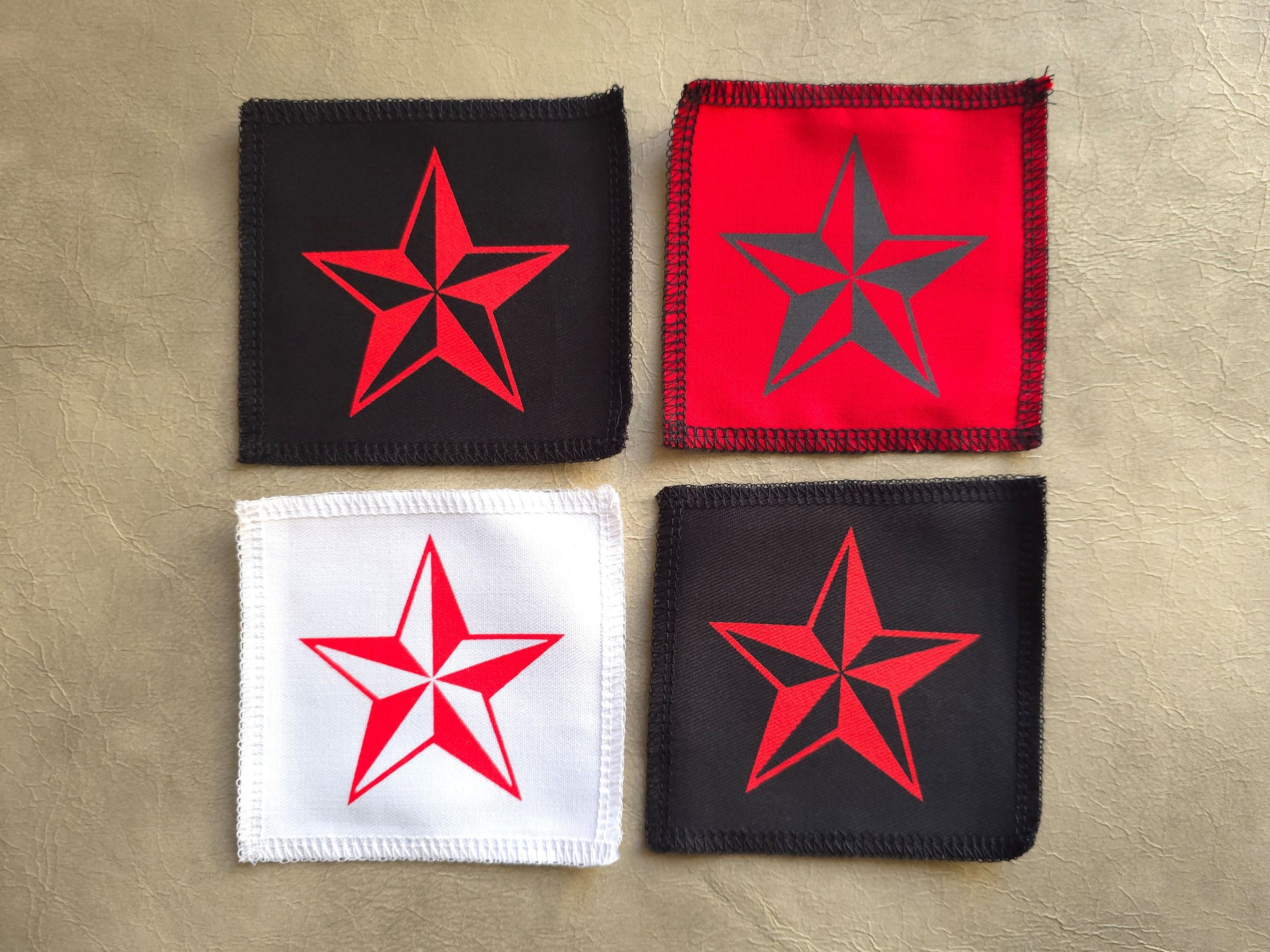 handmade screen printed square patches with red stars 