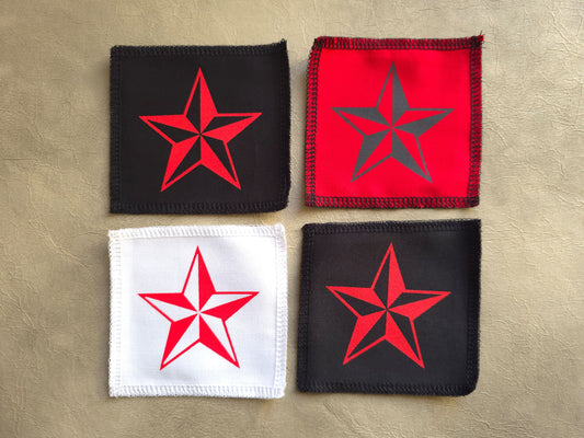 handmade screen printed square patches with red stars 