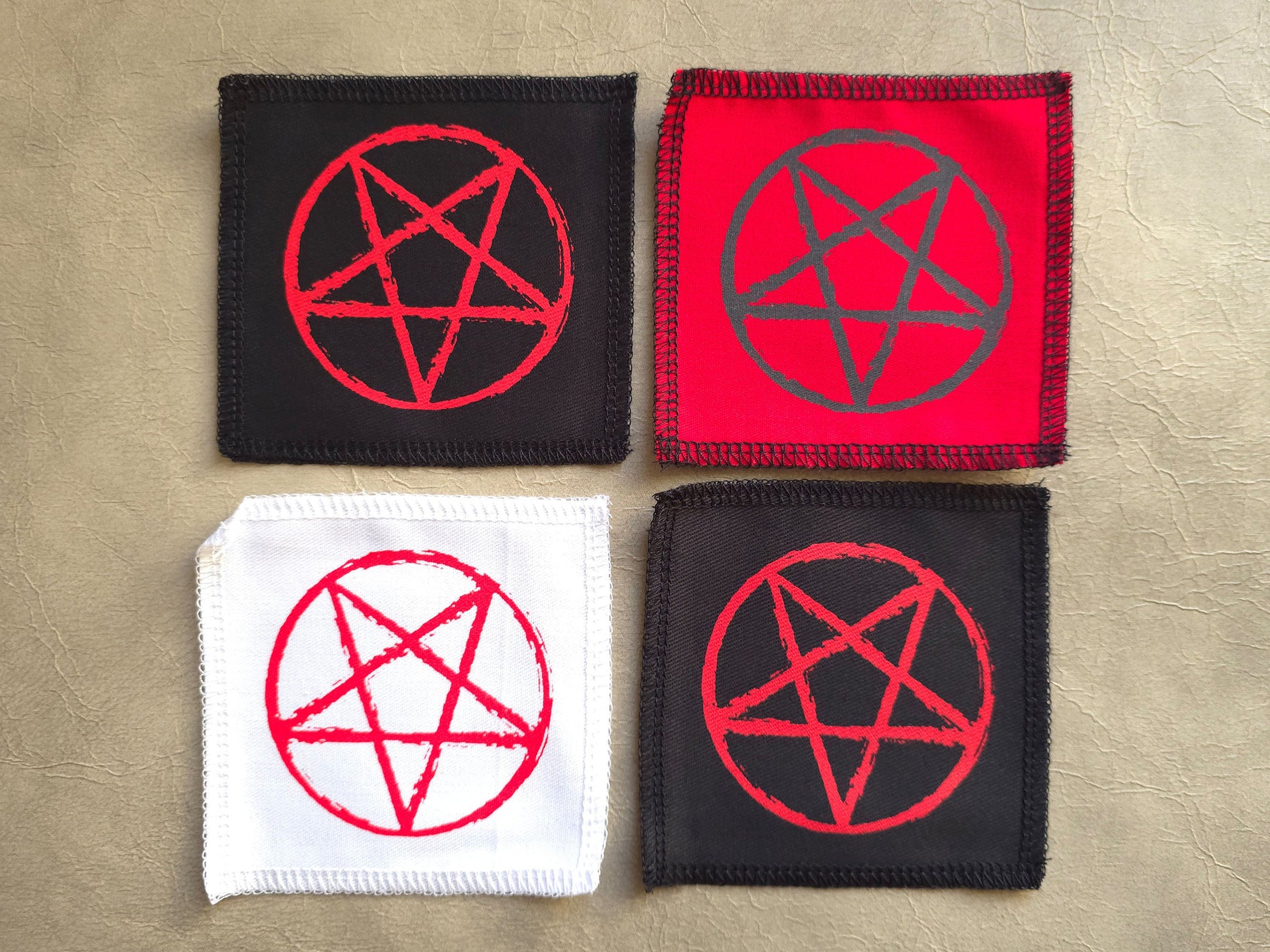 Handmade screen printed pentagram symbol patch, front view showing detailed ink design on fabric