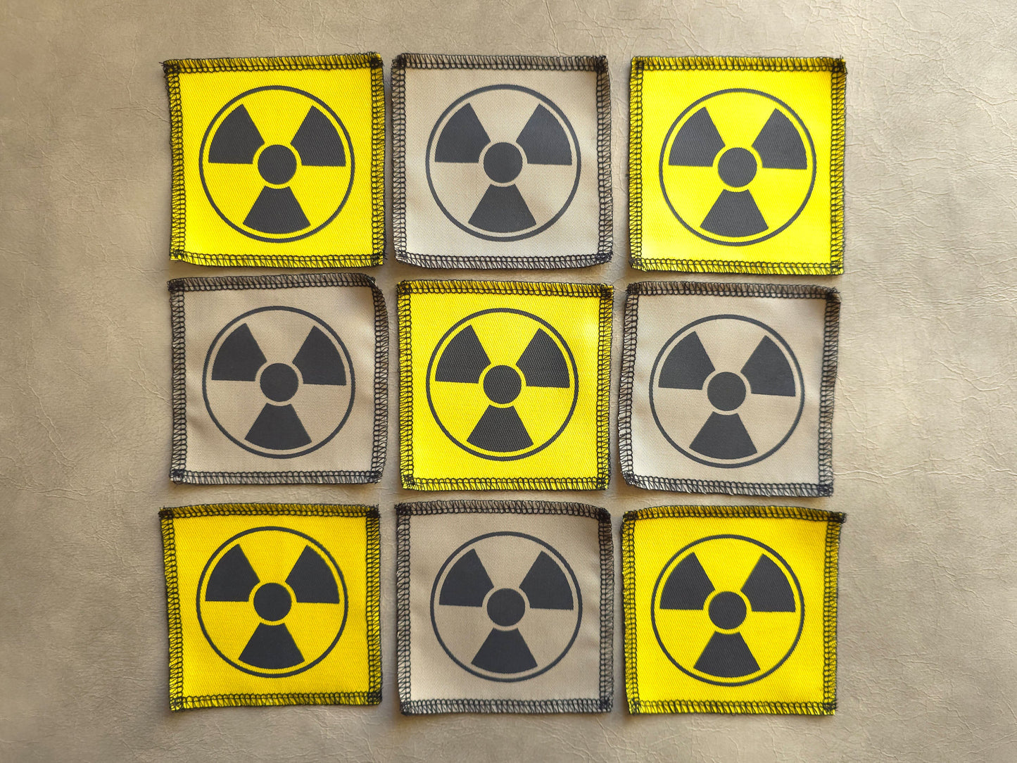 Handmade screen printed radioactive symbol patch available in multiple color options
