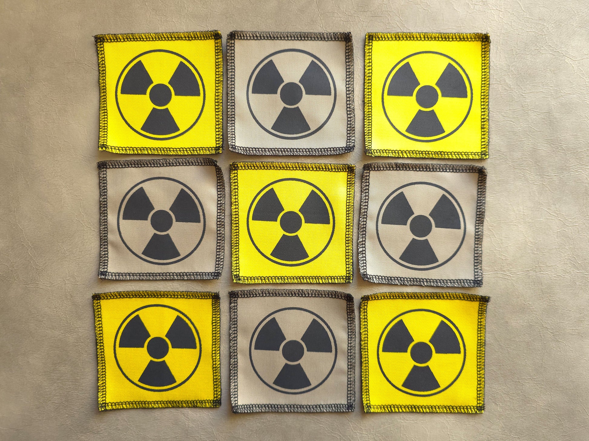 Handmade screen printed radioactive symbol patch available in multiple color options