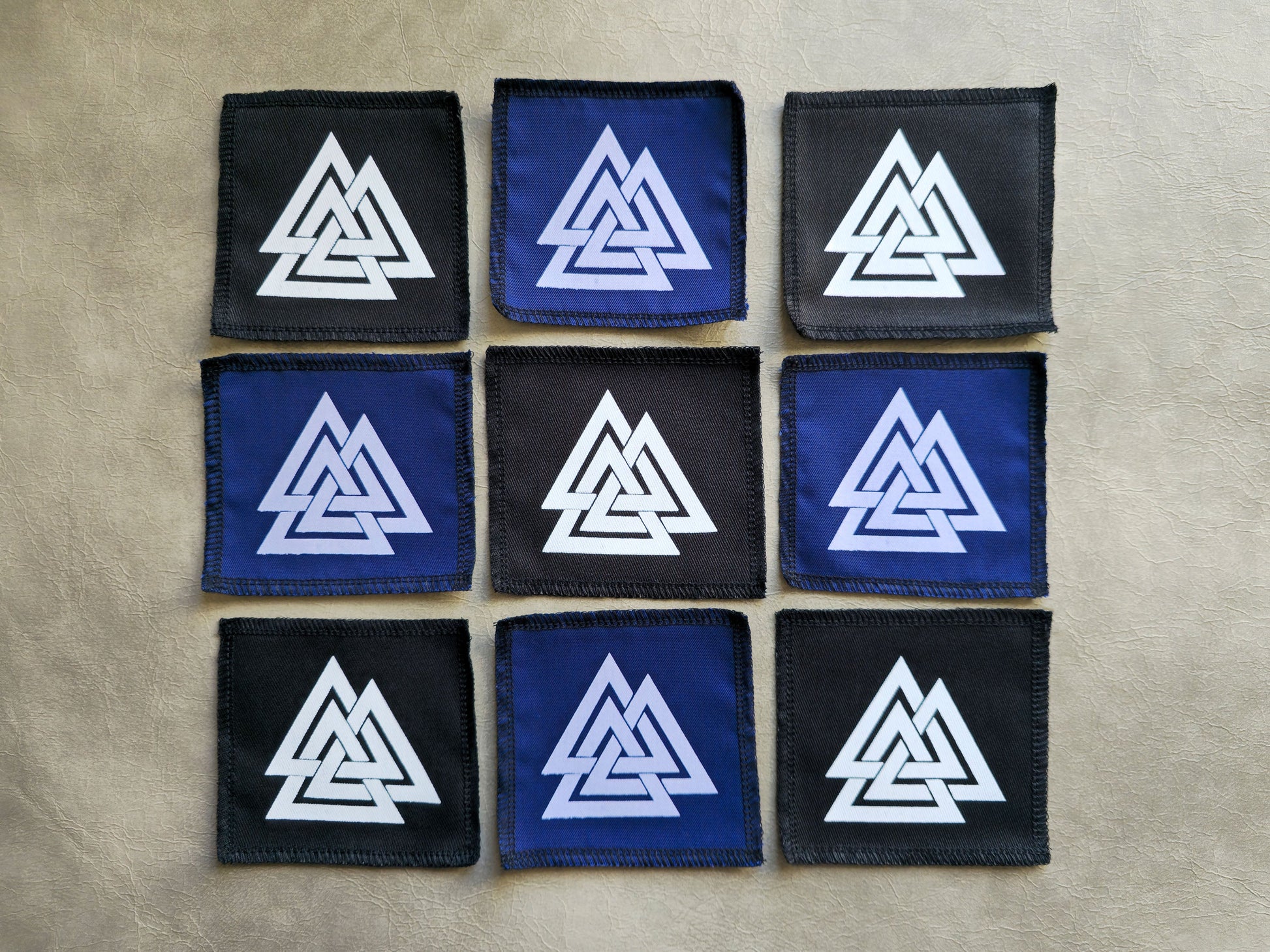 Handmade screen printed valknut symbol patch available in multiple color options