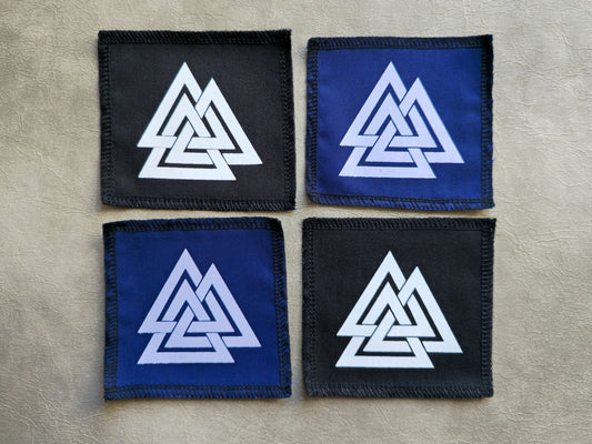 Handmade screen printed valknut symbol patch, front view showing detailed ink design on fabric