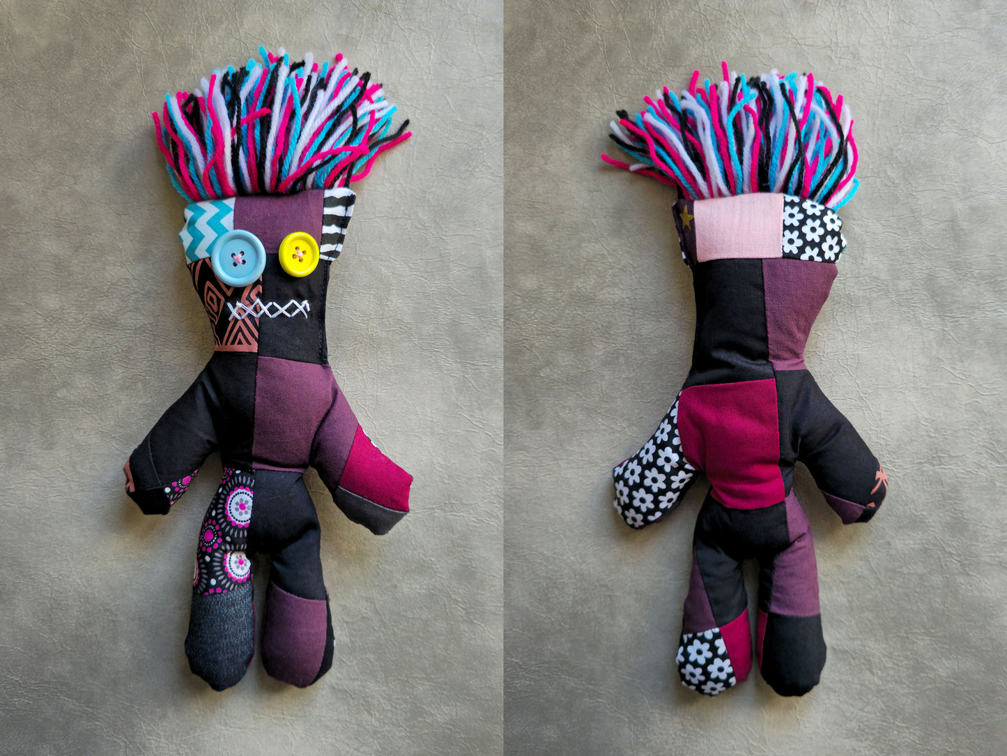 Two views of a colorful patchwork doll with braided hair on a gray background