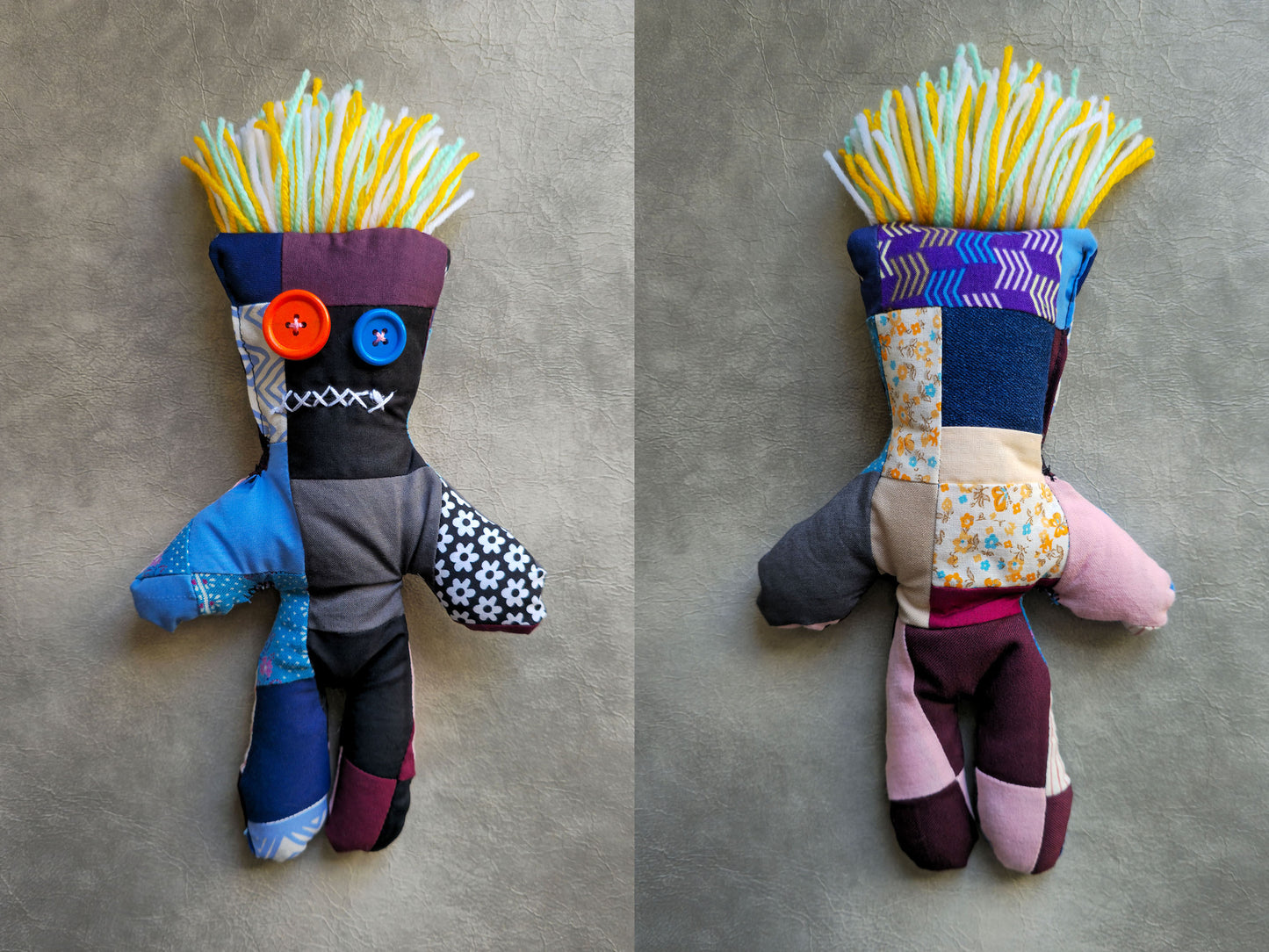 Voodoo doll, diy patchwork, front and back view blue and yellow creepy doll