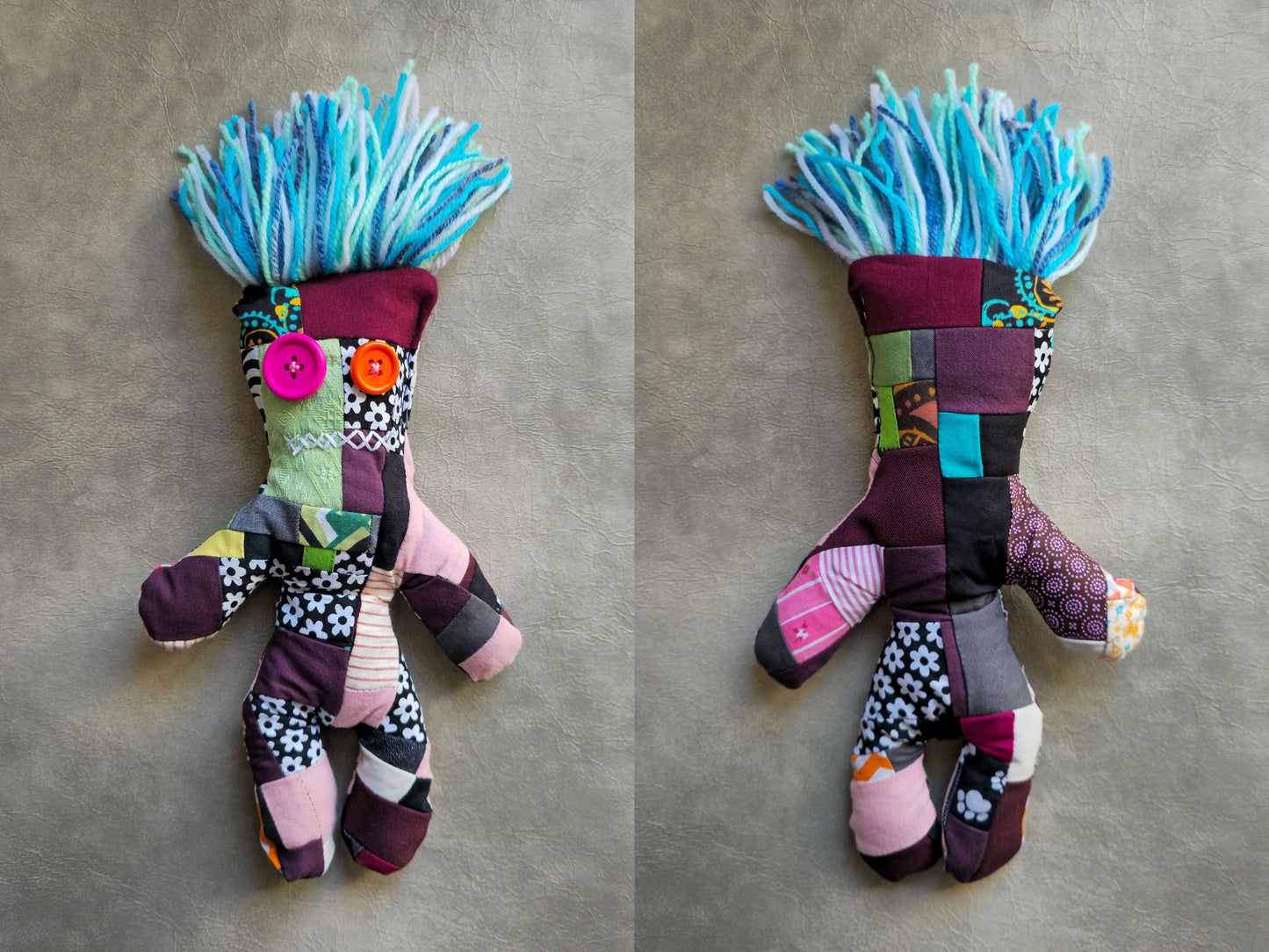voodoo doll front and back, colorful  zero waste patchwork dolls on a gray background