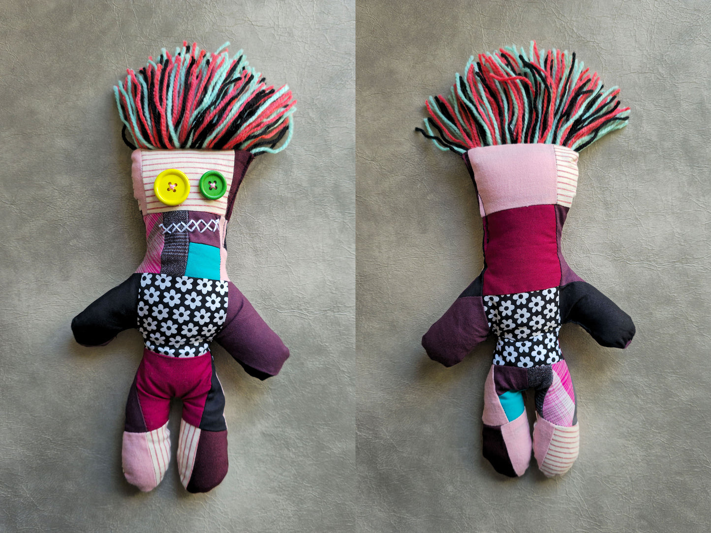voodoo doll, creepy cute gothic toy, diy, front and back view, pink red pattern