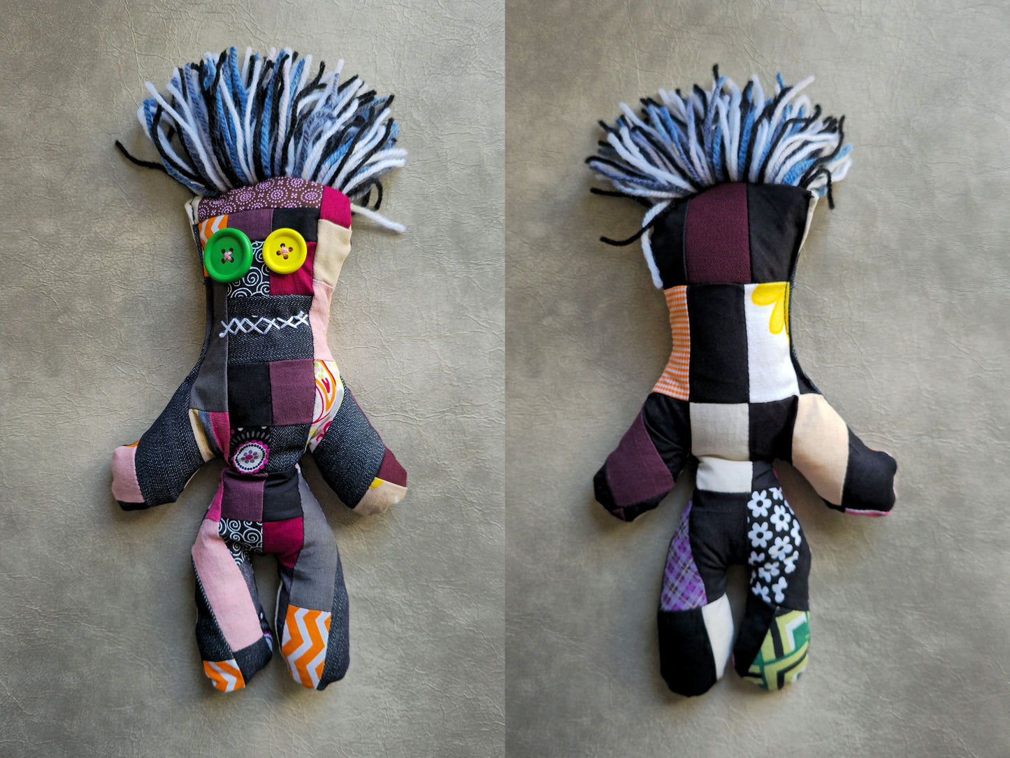diy voodoo doll, jeans and cotton patchwork fluffy toy