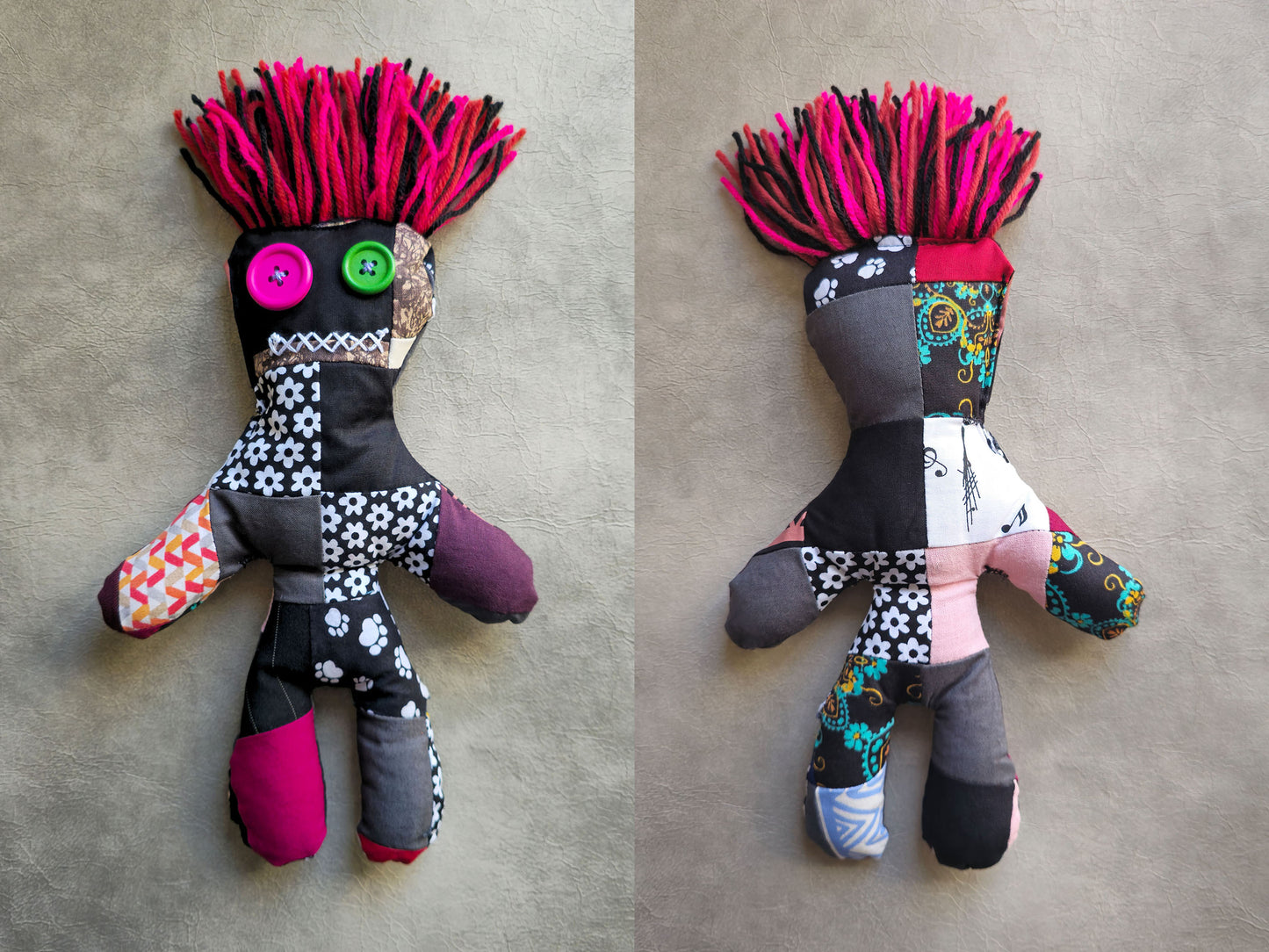 gothic voodoo doll, red, black gray, vibrant  woolen hair