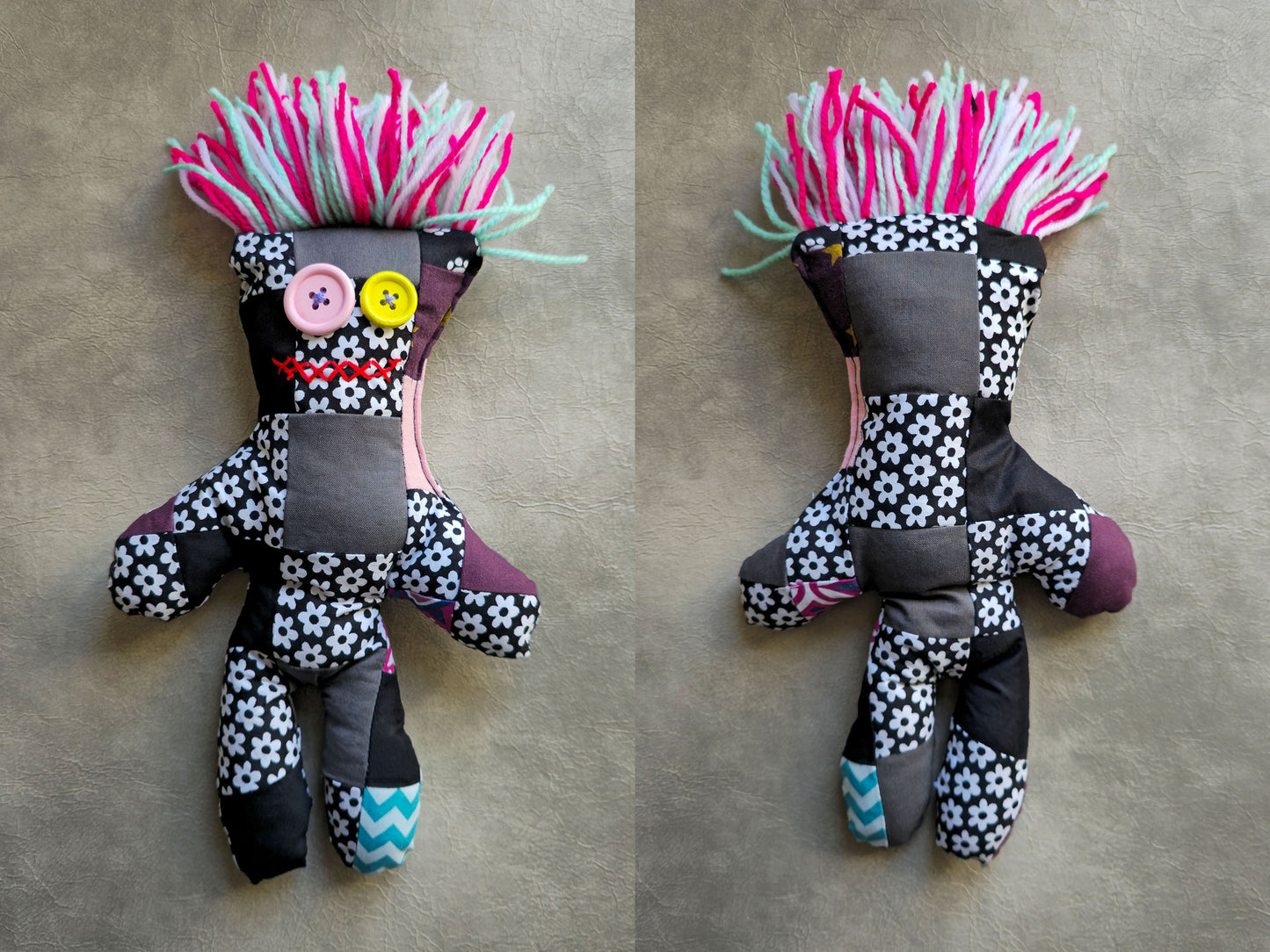 black and white voodoo doll, handmade alternative zero waste toy